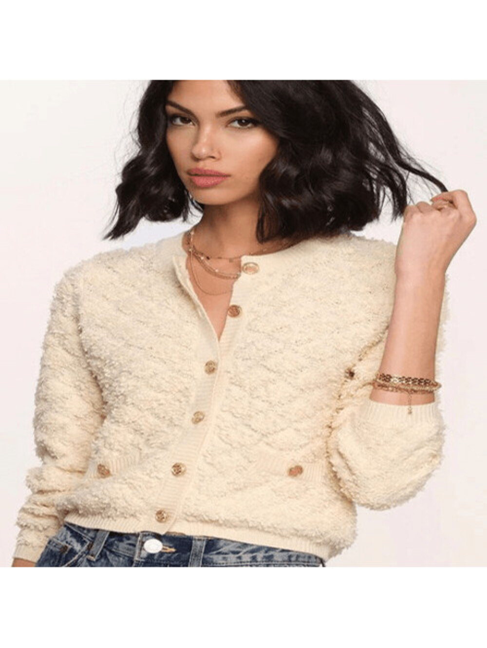 Heartloom Anika Cardigan XS Ivory Boucle Knit Gold Button Cropped Sweater